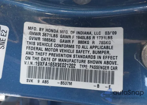 2009 Honda Civic Lx from USA, damaged, VIN 19XFA165X9E021202